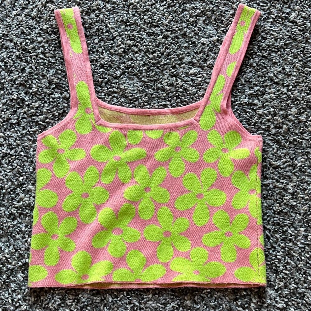 Pink & Green Flower Crop Top Womens Small Amisu Floral Nautical Aesthetic - Picture 3 of 6